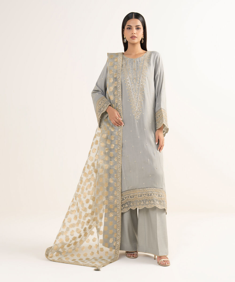 Women's RTW Viscose Raw Silk Grey Embroidered 3 Piece Suit