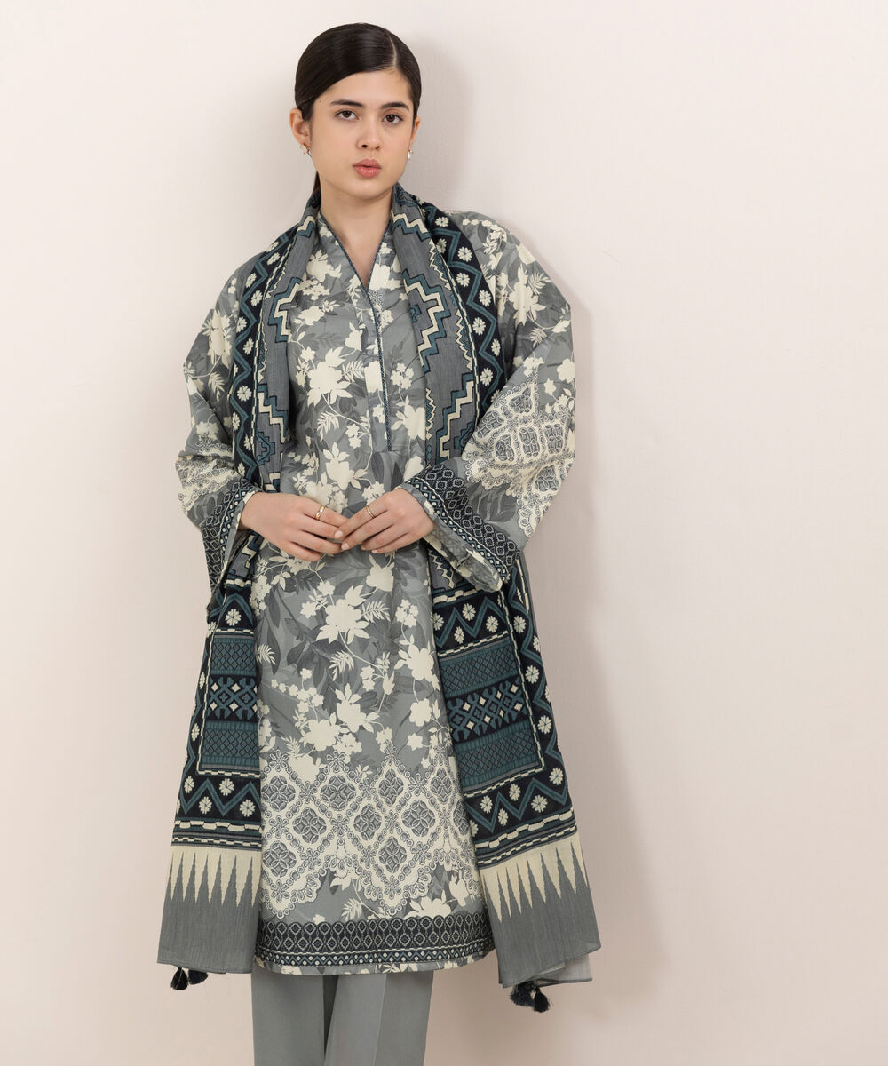 Women's Unstitched Cotton Printed Multi Three Piece Suit