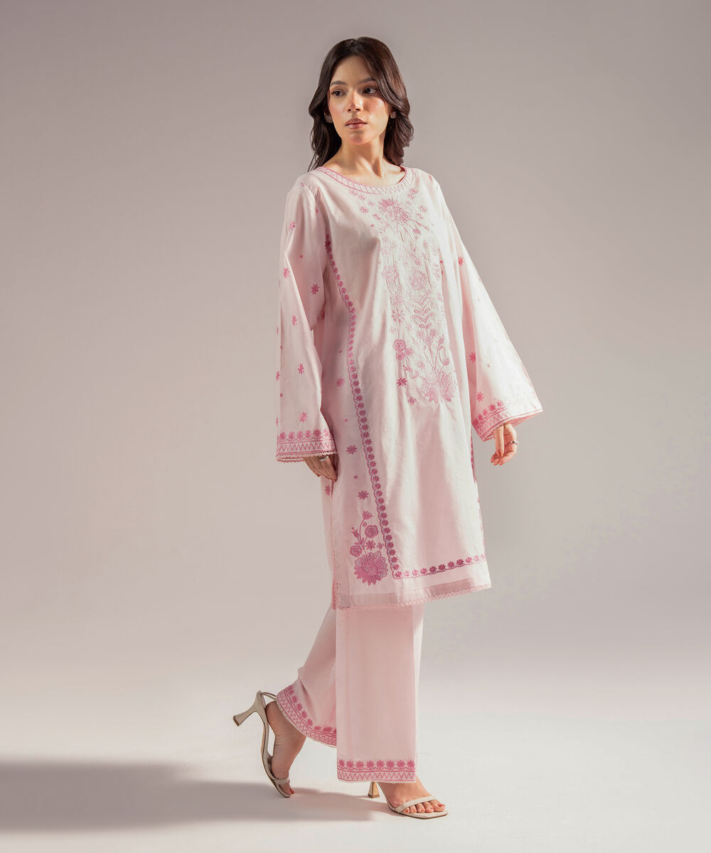 Women's RTW Self Jacquard Embroidered Pink 2 Piece Suit