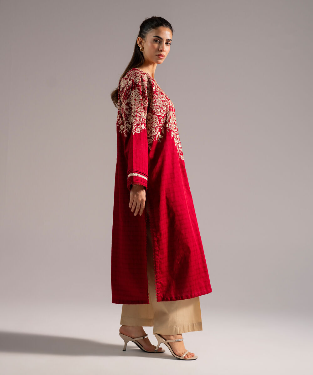 Women's RTW Dobby Embroidered Straight Red Shirt