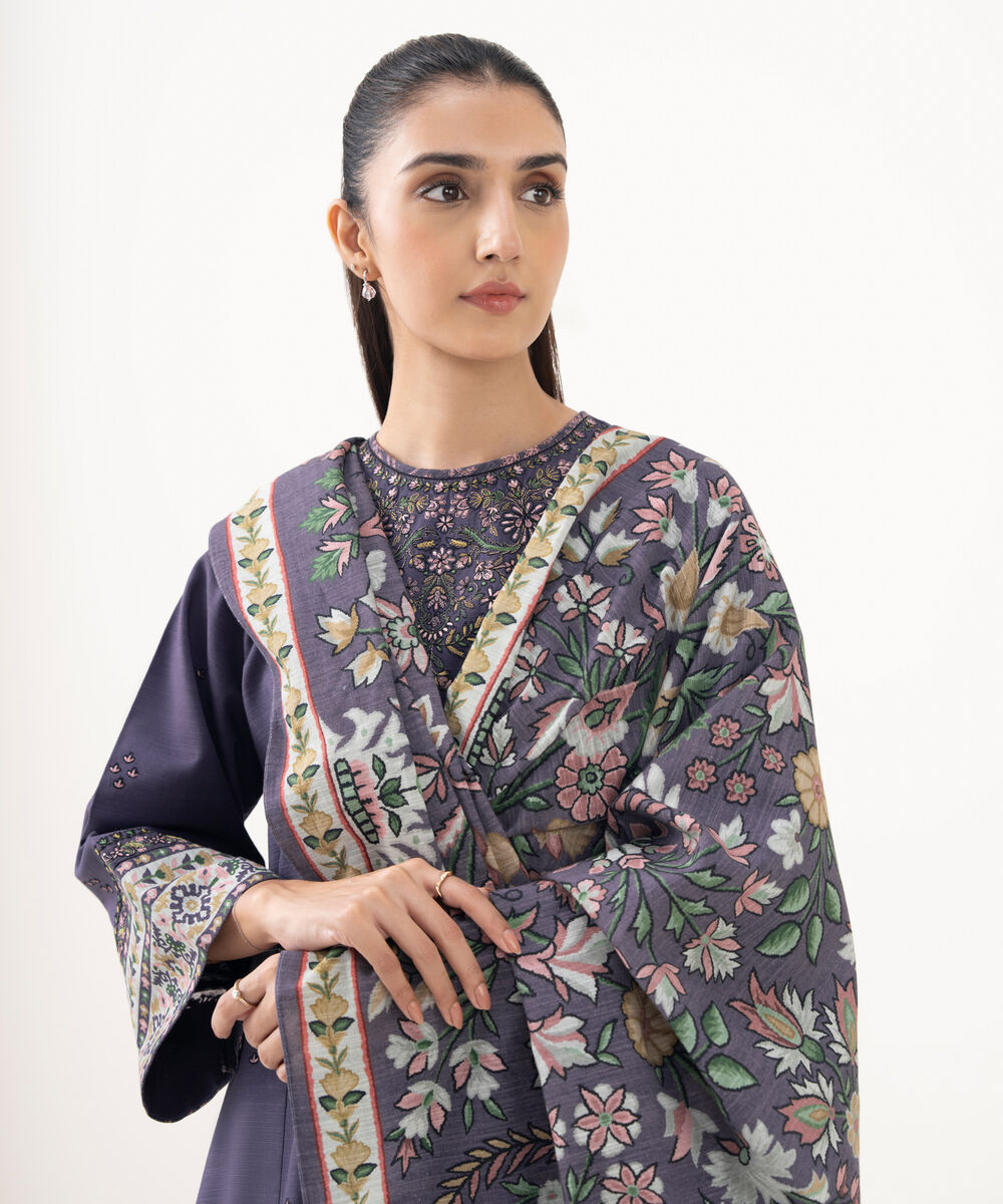 Women's Unstitched Light Khaddar Embroidered Purple 3 Piece Suit