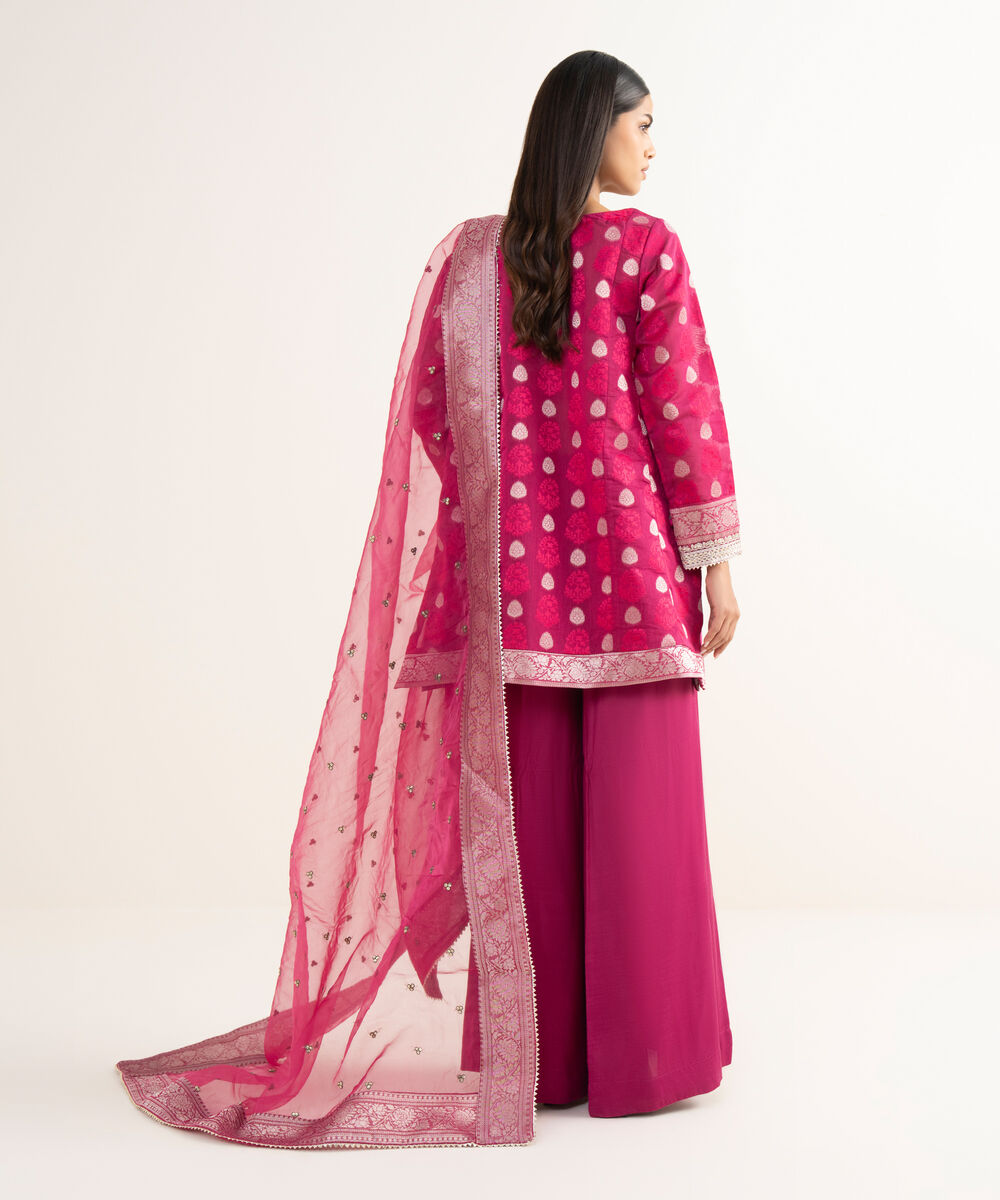 Women's RTW Zari Jacquard Pink Embroidered 3 Piece Suit