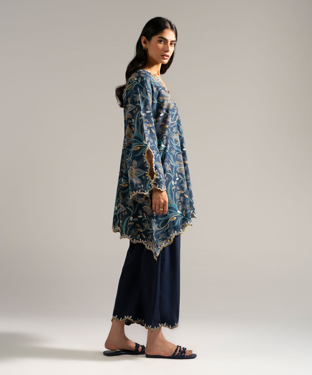 Women's RTW Slub Lawn Embroidered Blue 2 Piece Suit