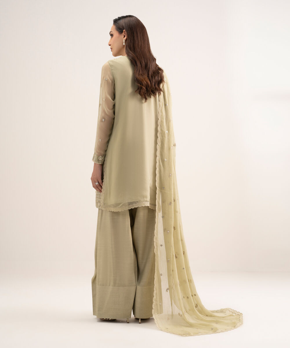 Women's Unstitched Blended Chiffon Embroidered Green 3 Piece Suit