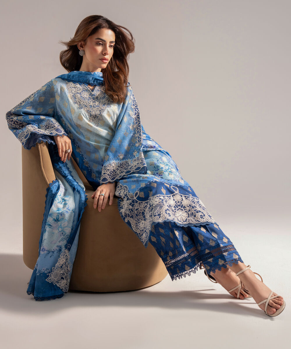 Women's RTW Self Jacquard Embroidered Blue 3 Piece Suit