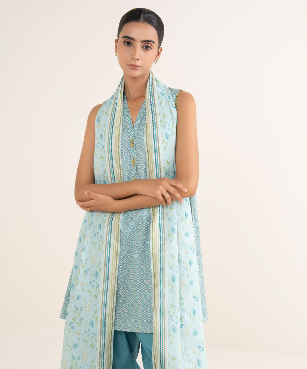 Women's Unstitched Lawn Printed Blue 3 Piece Suit