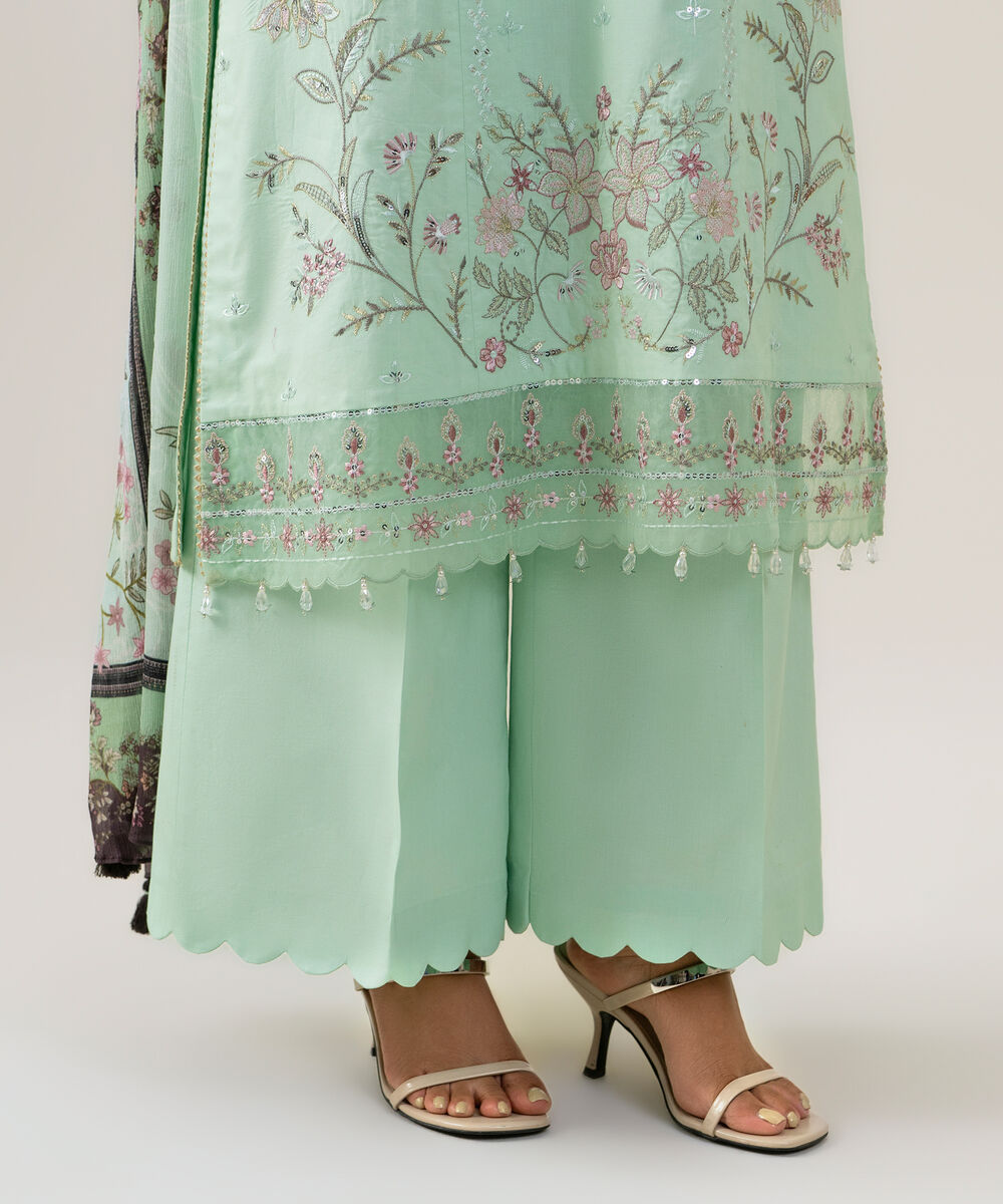 Women's Unstitched Bemberg Tissue Embroidered Mint Green 3 Piece Suit