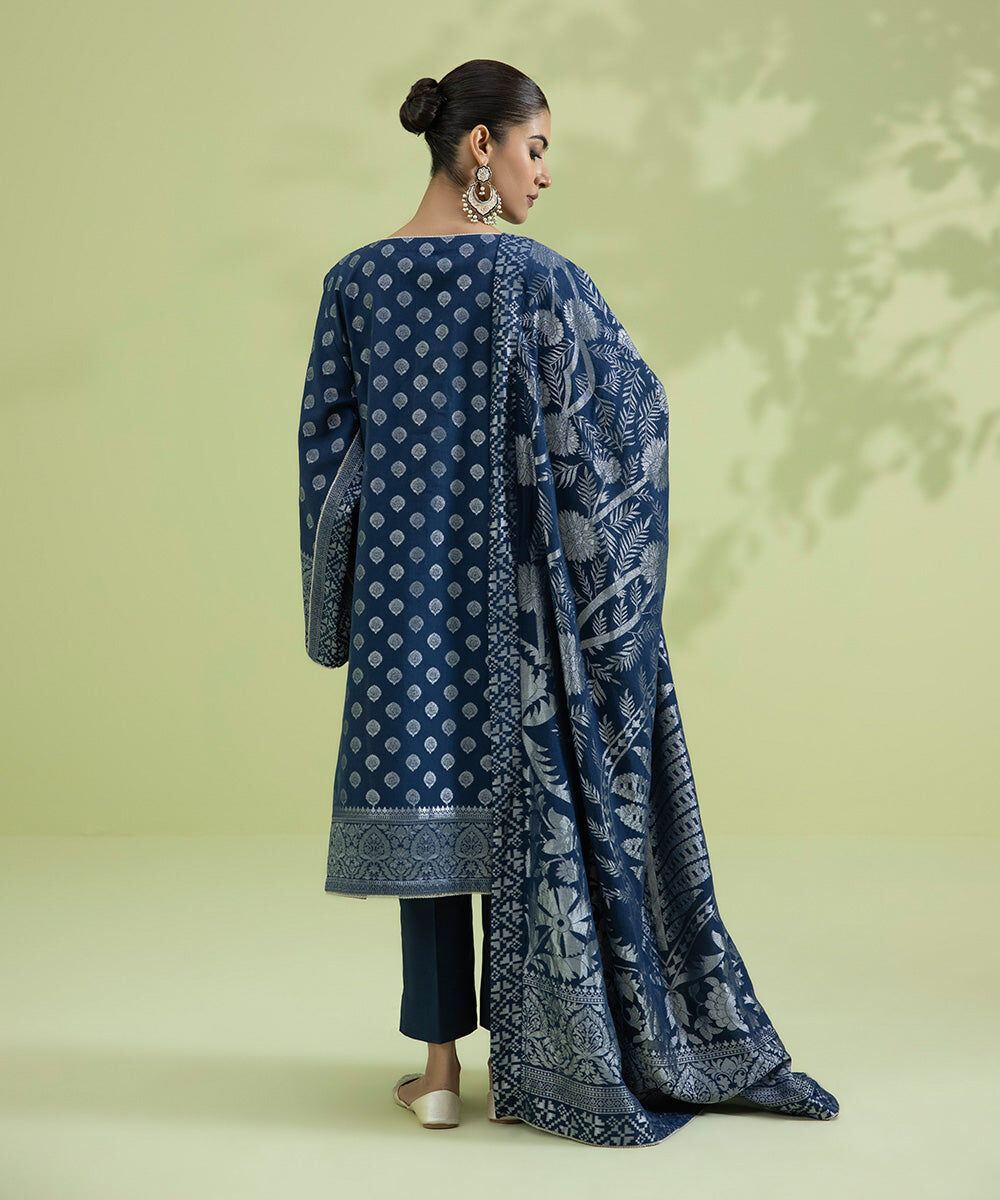 Eid Unstitched Women's Printed Extra Weft Jacquard Navy Blue 3 Piece Suit