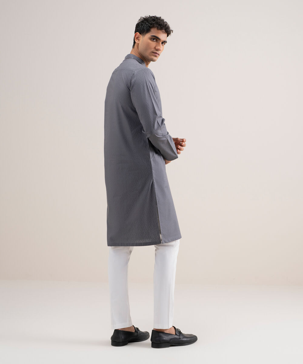 Men's Stitched Cotton Jacquard Grey Kurta