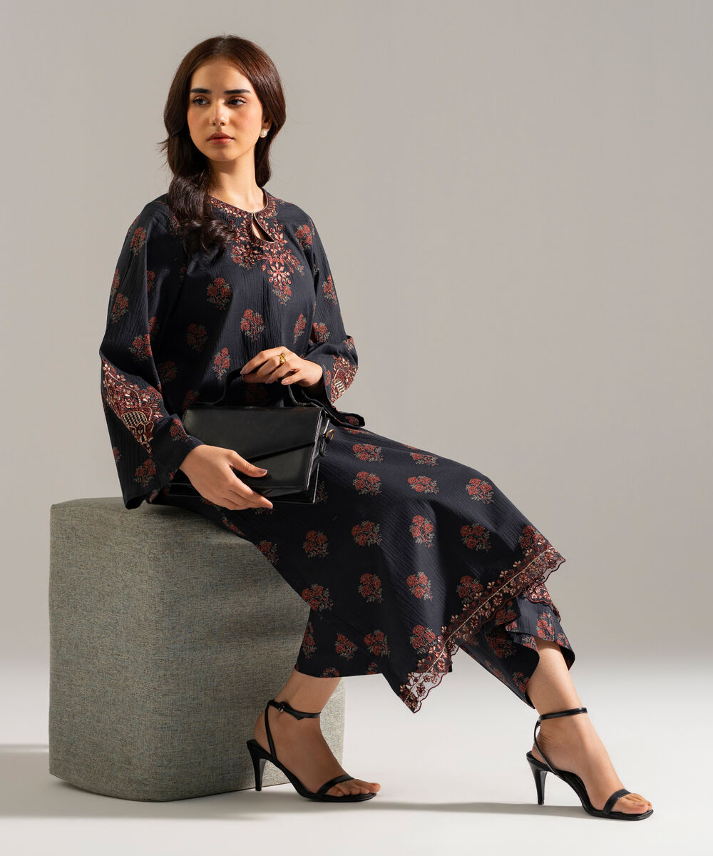 Women's RTW Seersucker Embroidered Black 2 Piece Suit