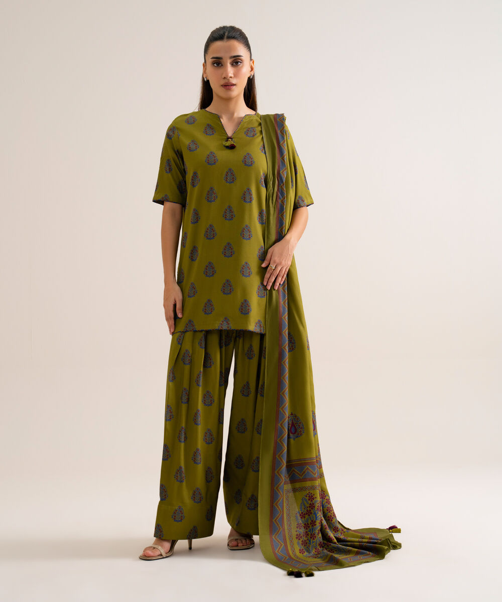 Women's Unstitched Viscose Linen Printed Olive Green 3 Piece Suit