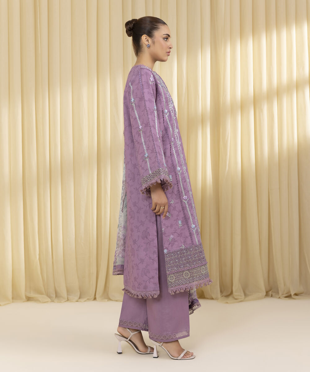Unstitched Women's Purple Cotton Jacquard 3 Piece Suit