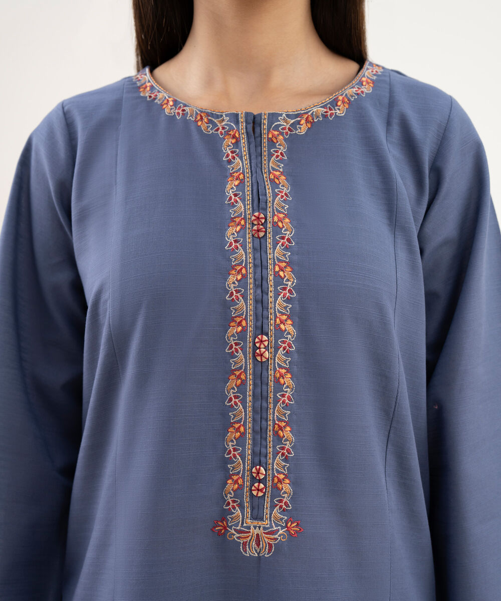 Women's RTW Light Khaddar Embroidered Straight Blue Shirt