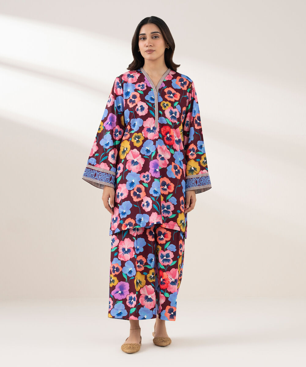 Women's RTW Viscose Linen Embroidered Drop Shoulder Purple Shirt