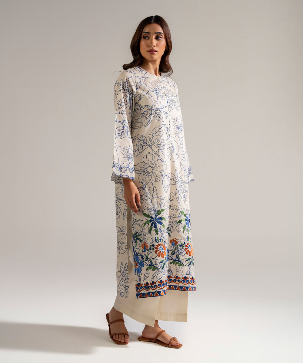 Women's RTW Cambric Embroidered White 2 Piece Suit