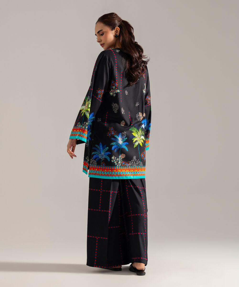 Women's RTW Printed Black Viscose Linen 2 Piece Suit