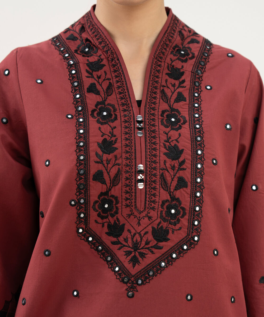 Women's Unstitched Cotton Embroidered Red 3 Piece Suit