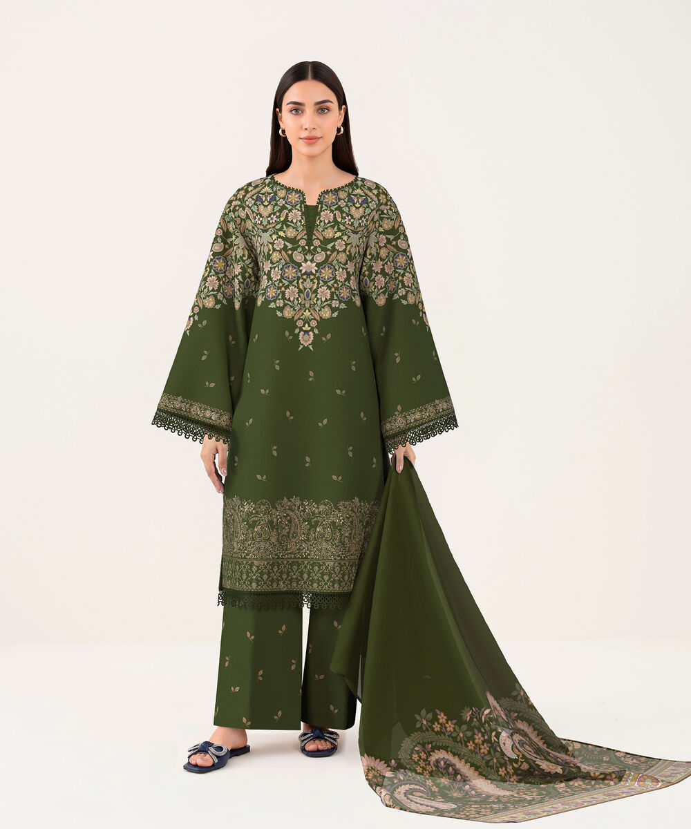 Women's Unstitched Lawn Green Embroidered 3 Piece Suit
