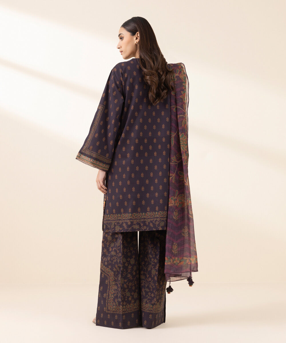 Unstitched Women's Embroidered Lawn Purple Three Piece Suit