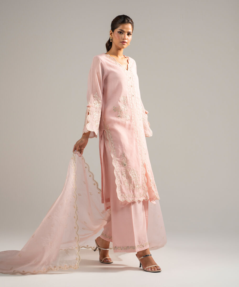 Women's RTW Khaddi Net Embroidered Baby Pink 3 Piece Suit
