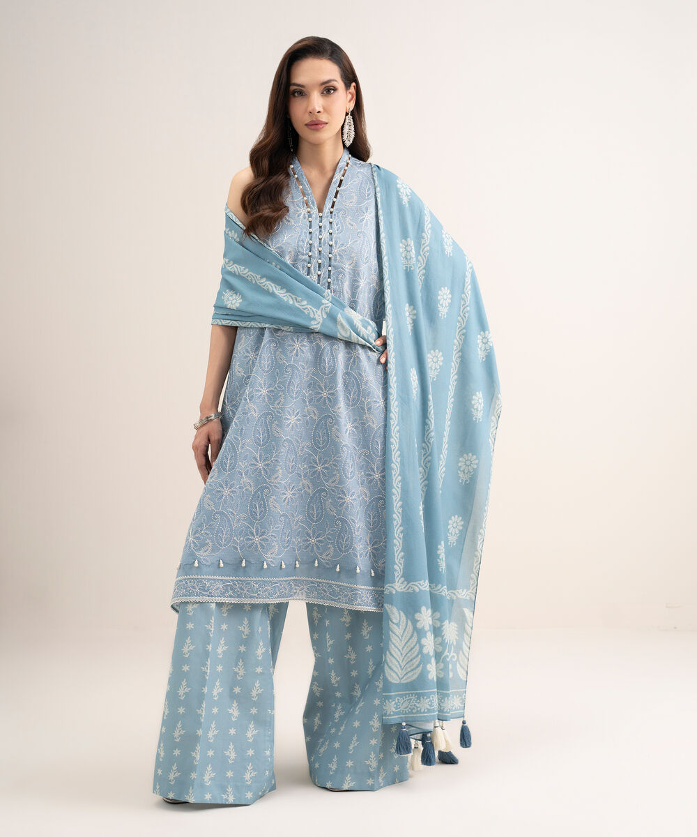 Women's Unstitched Dobby Embroidered Blue 3 Piece Suit