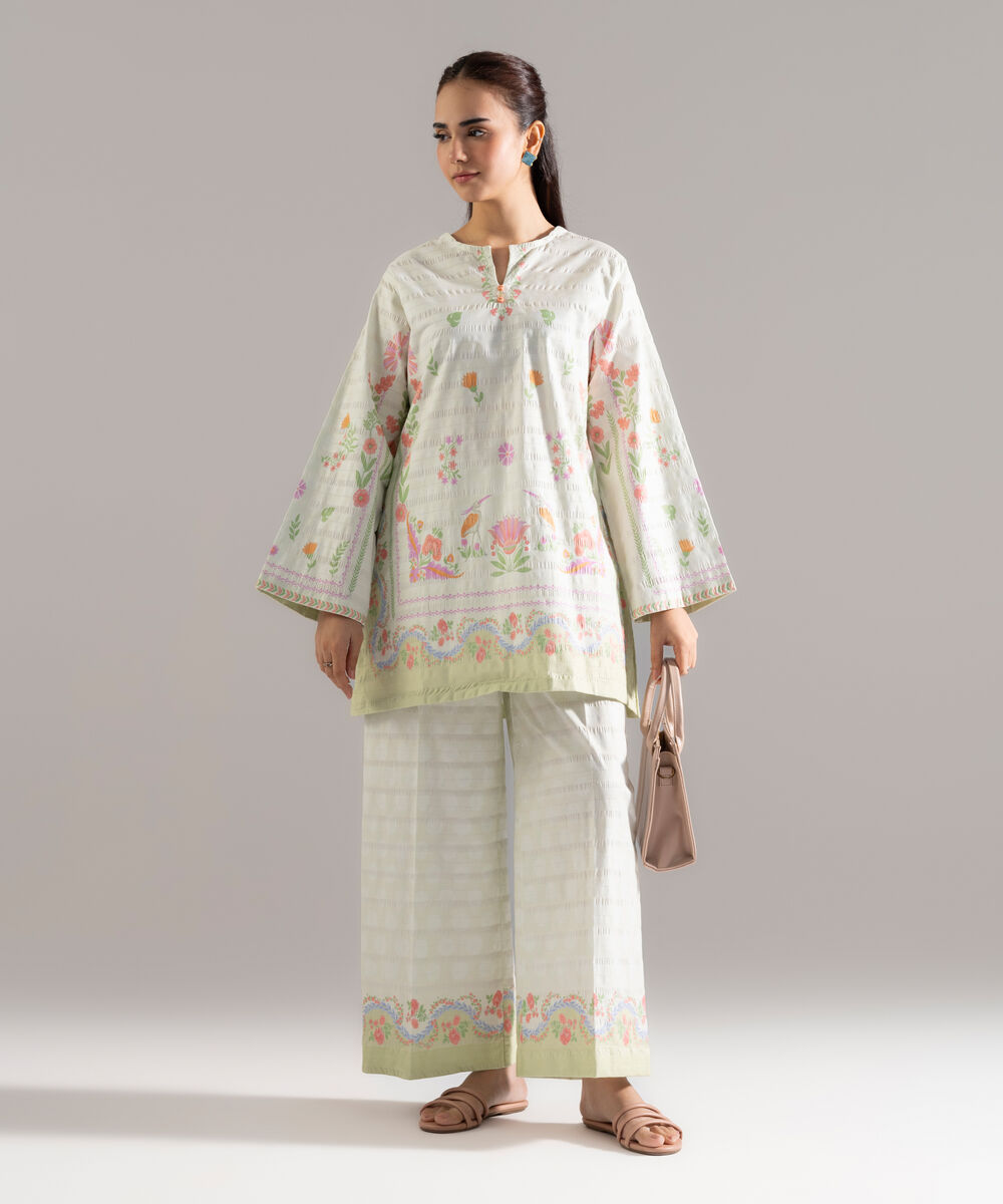 Women's RTW Seersucker Printed Off White Straight Shirt