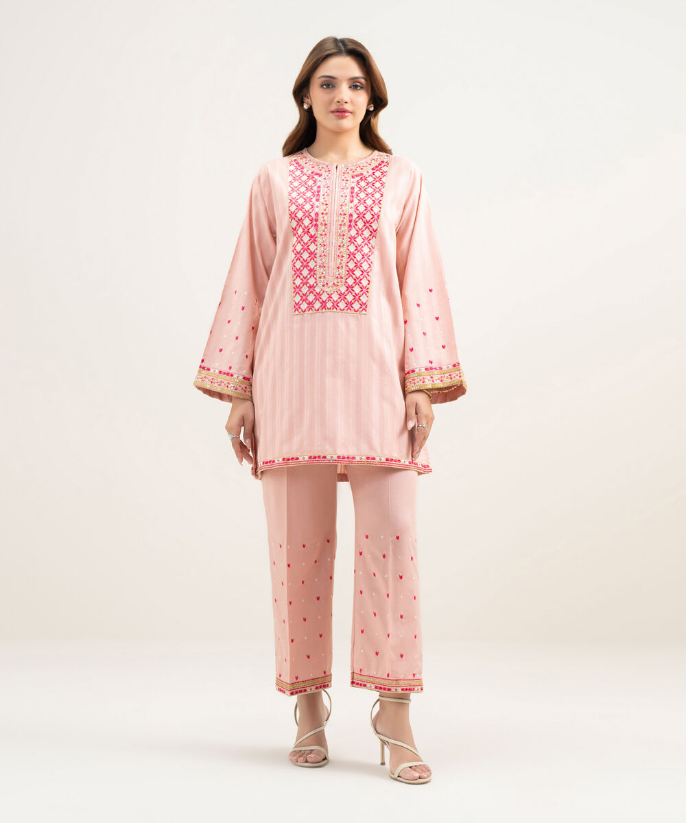 Women's RTW Dobby Embroidered Pink 2 Piece Suit