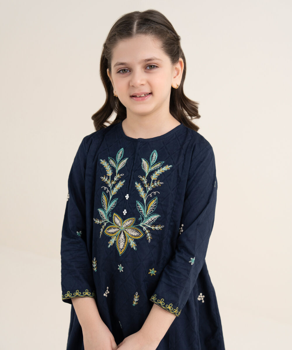 Girl's Self Jacquard Embroidered Blue 2 Piece Suit