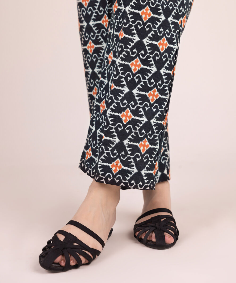 Women's RTW Cotton Printed Black Straight Pants