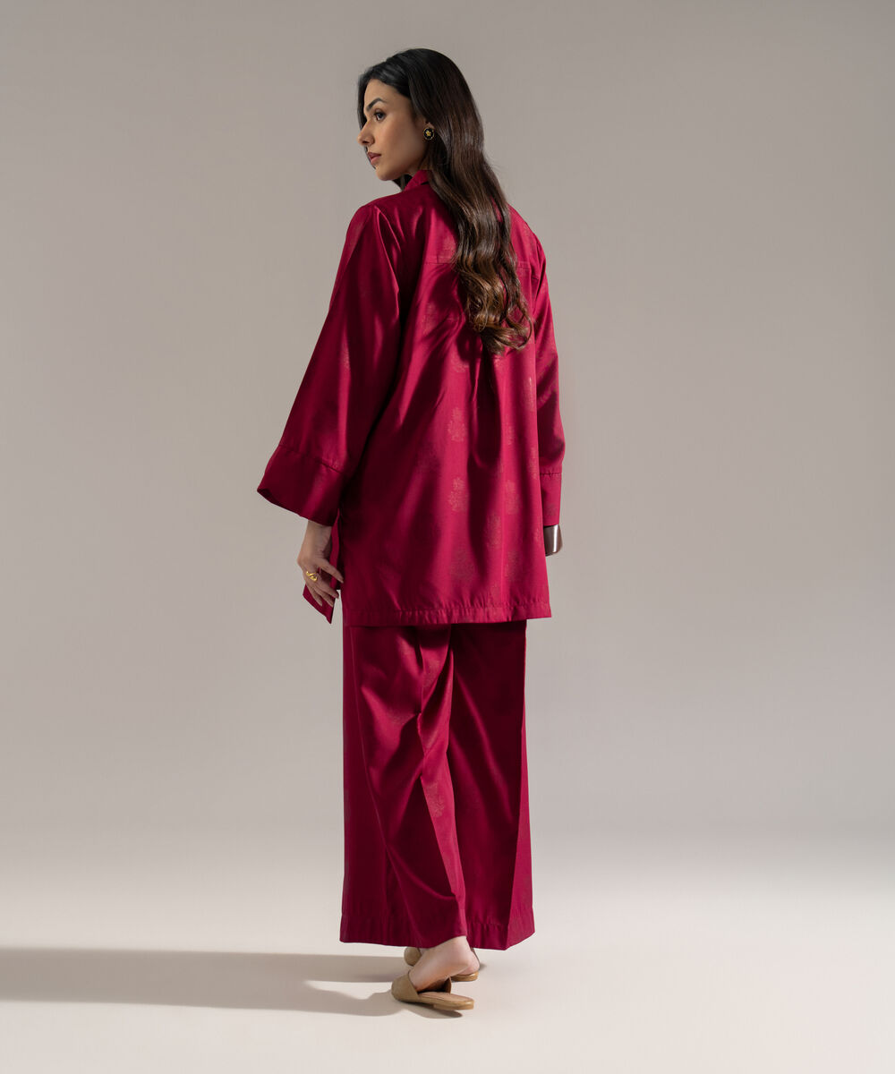 Women's RTW Poly Viscose Jacquard Solid Pink 2 Piece Suit