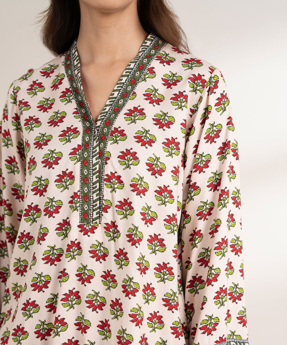 Women's RTW Arabic Dobby Printed Straight Off White Shirt