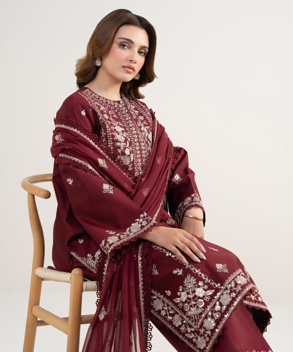 Women's Unstitched Cotton Net Embroidered Red 3 Piece Suit