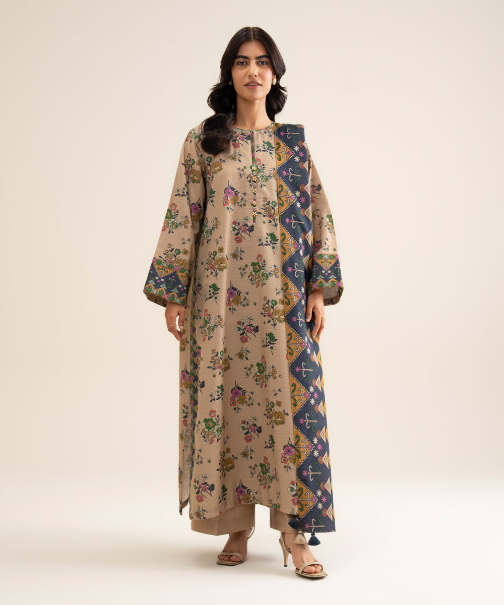 Women's Unstitched Lawn Printed Beige 3 Piece Suit