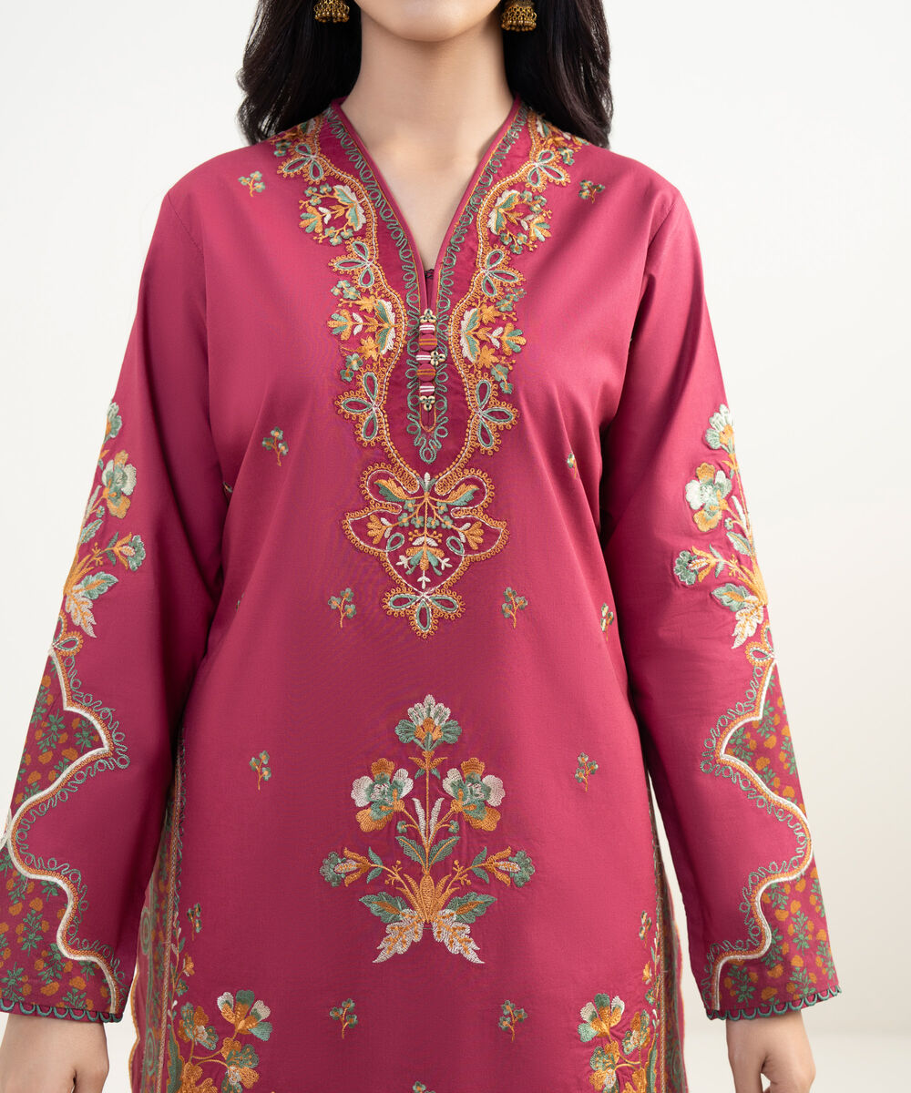 Women's Unstitched Textured Lawn Embroidered Red 3 Piece Suit