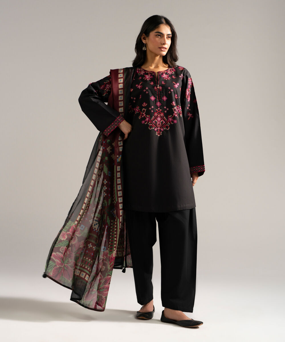 Women's RTW Slub Lawn Embroidered Black 3 Piece Suit