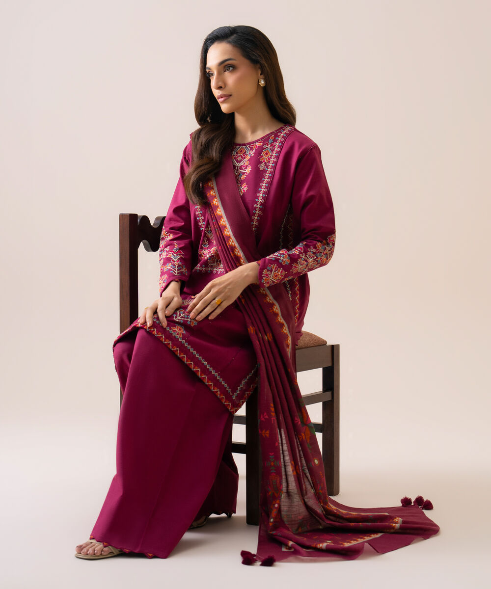 Women's Unstitched Light Khaddar Embroidered Magenta 3 Piece Suit