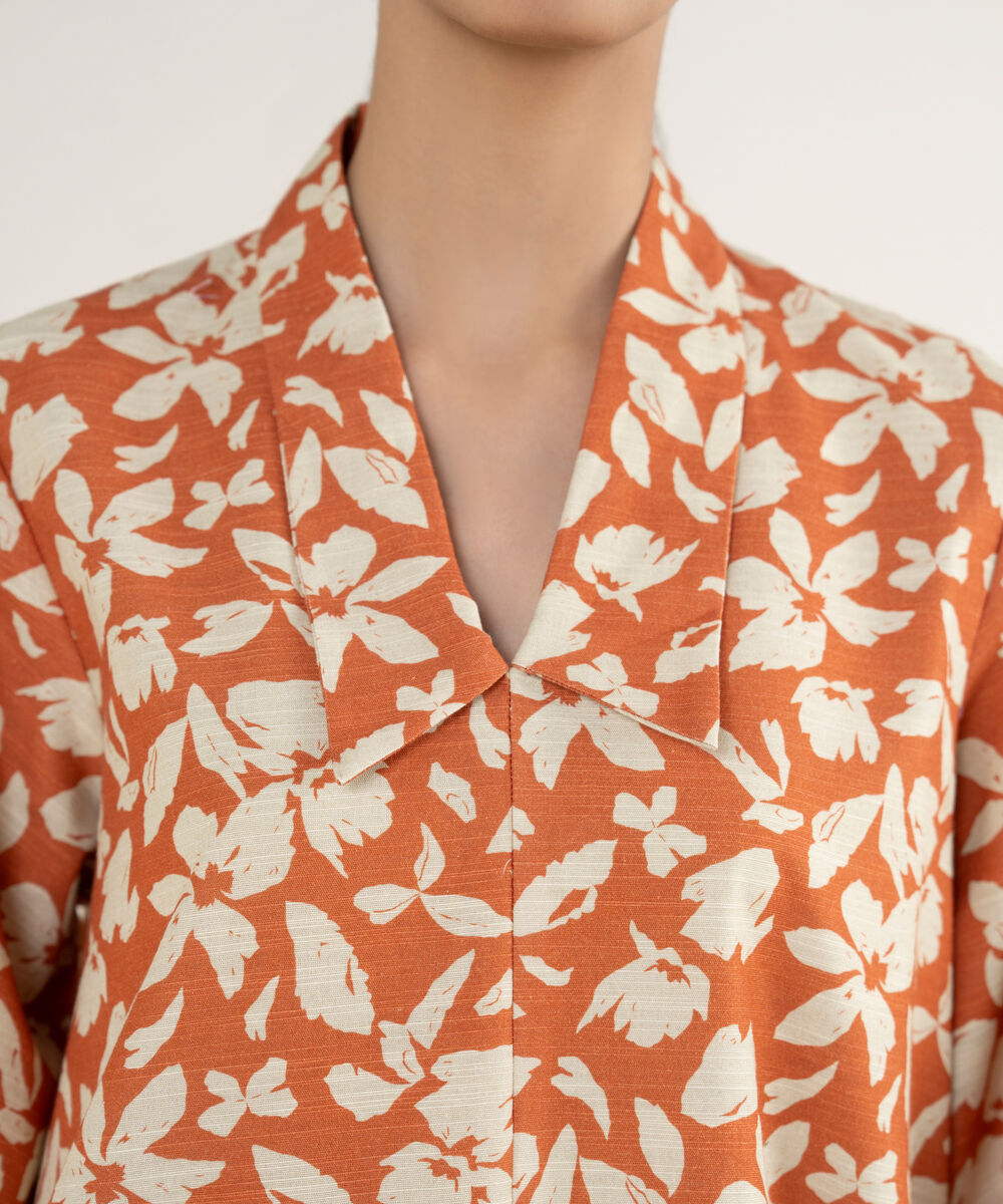 Women's Unstitched Printed Khaddar Rust Orange and Off White 3 Piece Suit