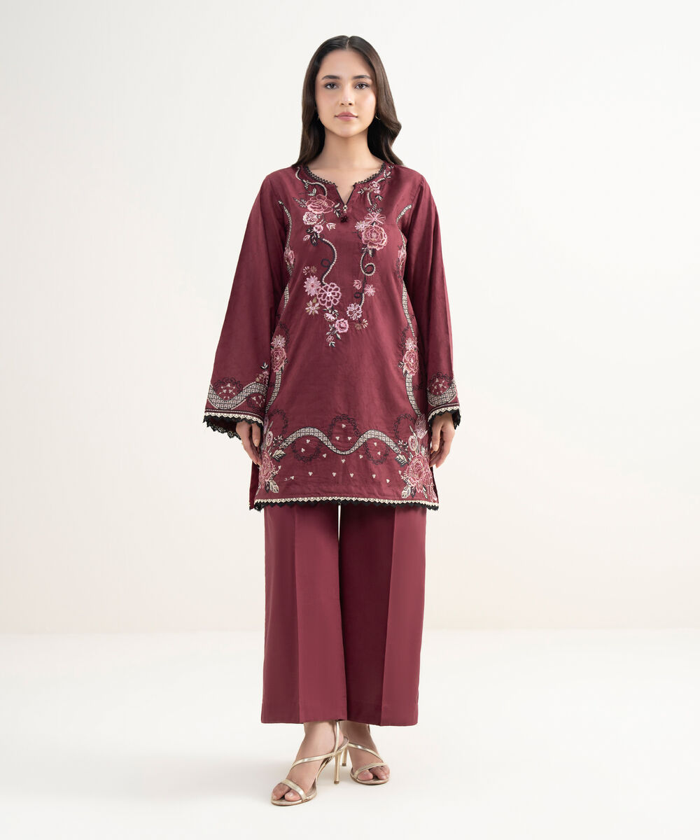 Women's RTW Self Jacquard Embroidered Red Straight Shirt