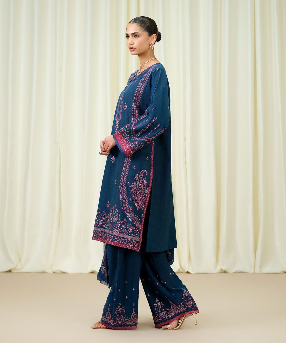 Women's Unstitched Viscose Karandi Embroidered Blue 3 Piece Suit