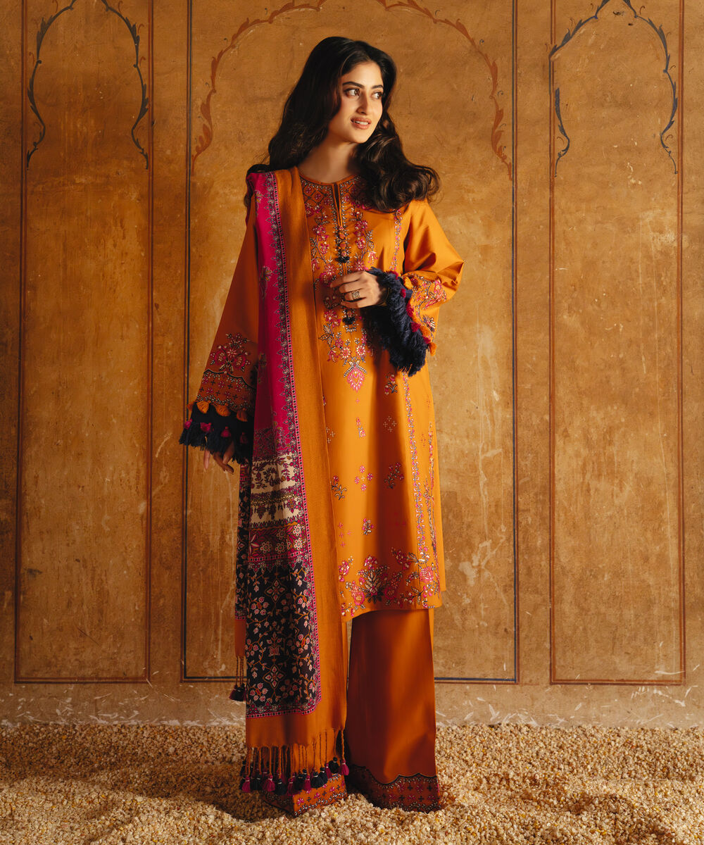 Women's Unstitched Twill Embroidered Orange 3 Piece Suit