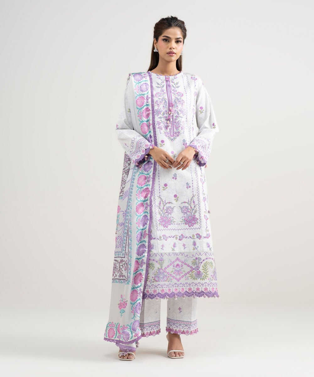 Women's Unstitched Lawn Embroidered Purple 3 Piece Suit