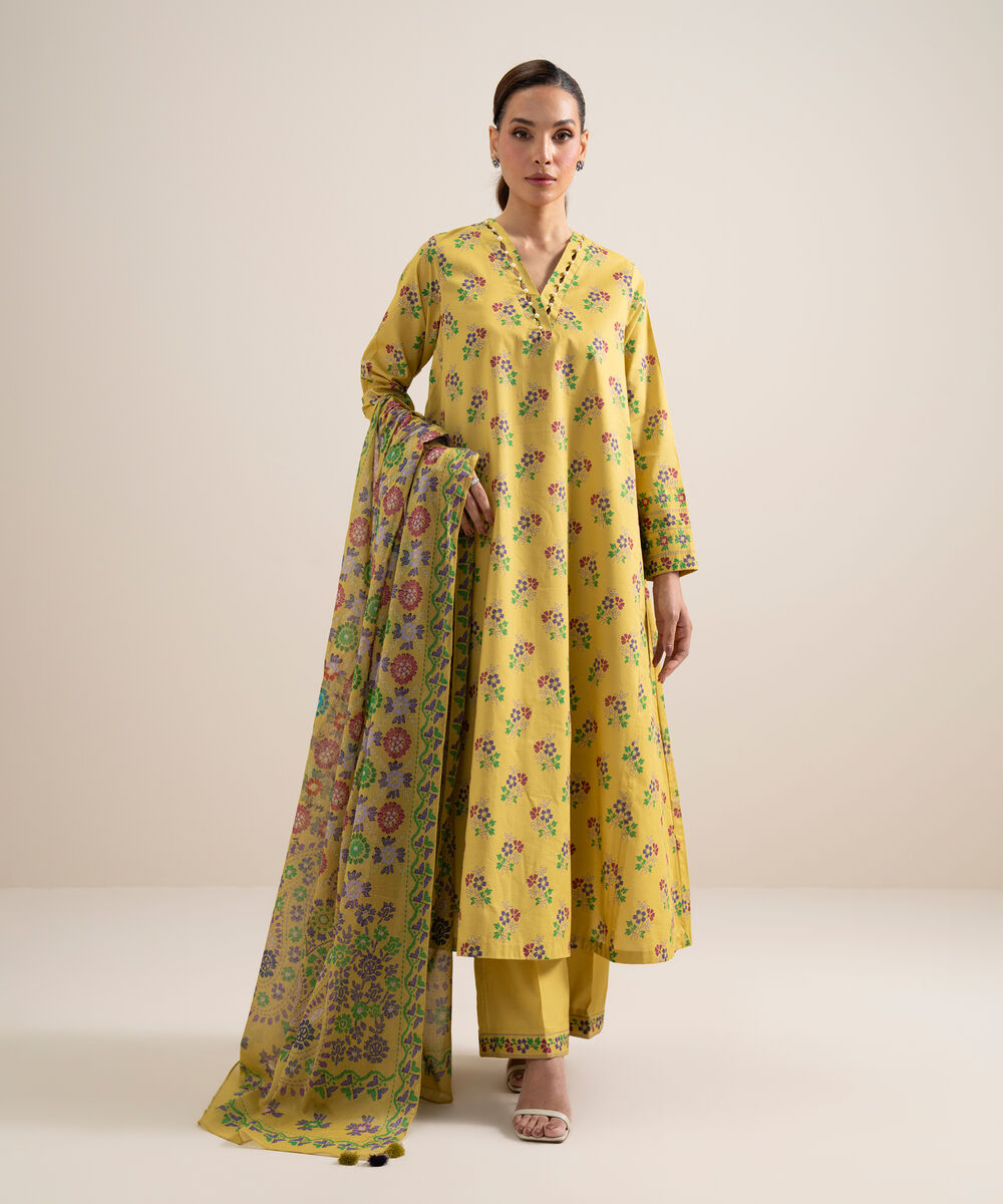 Women's Unstitched Lawn Printed Yellow 3 Piece Suit