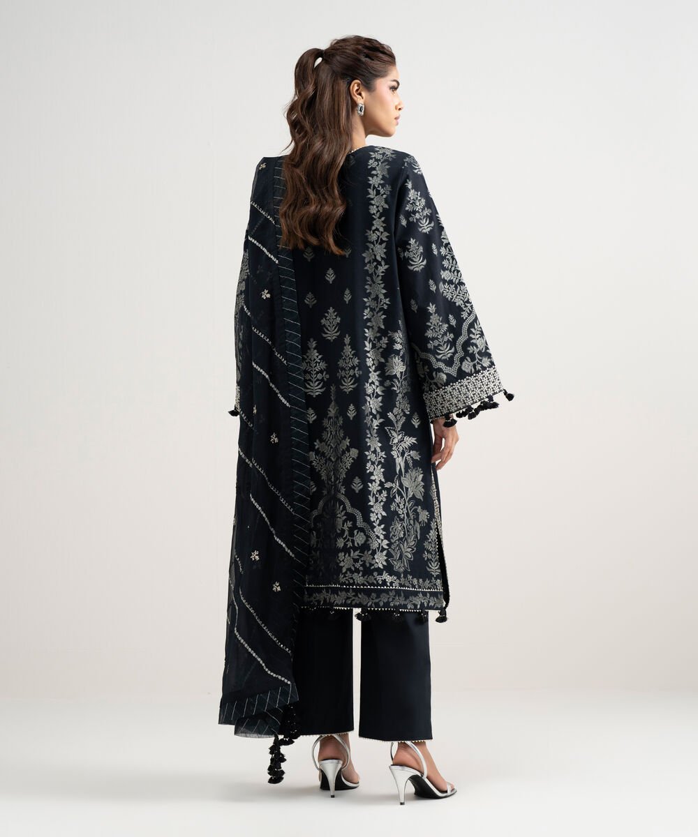 Women's Unstitched Extra Weft Jacquard Embroidered Black 3 Piece Suit