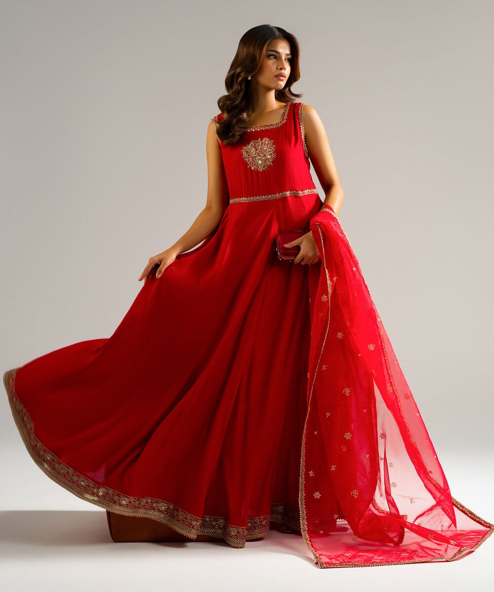 Women's RTW Raw Silk Embroidered Red 2 Piece Suit