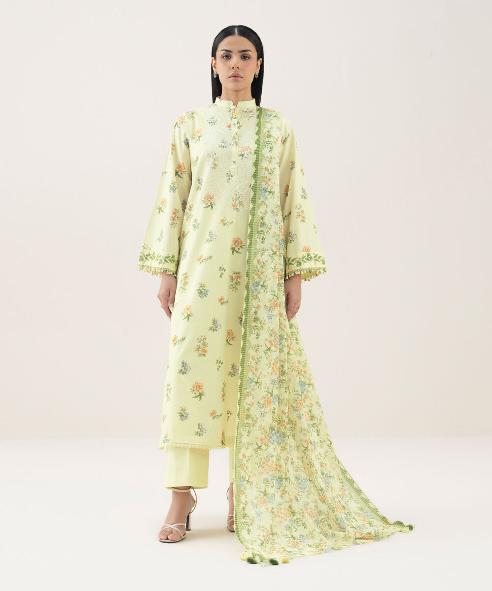 Women's Unstitched Lawn Embroidered Yellow 3 Piece Suit