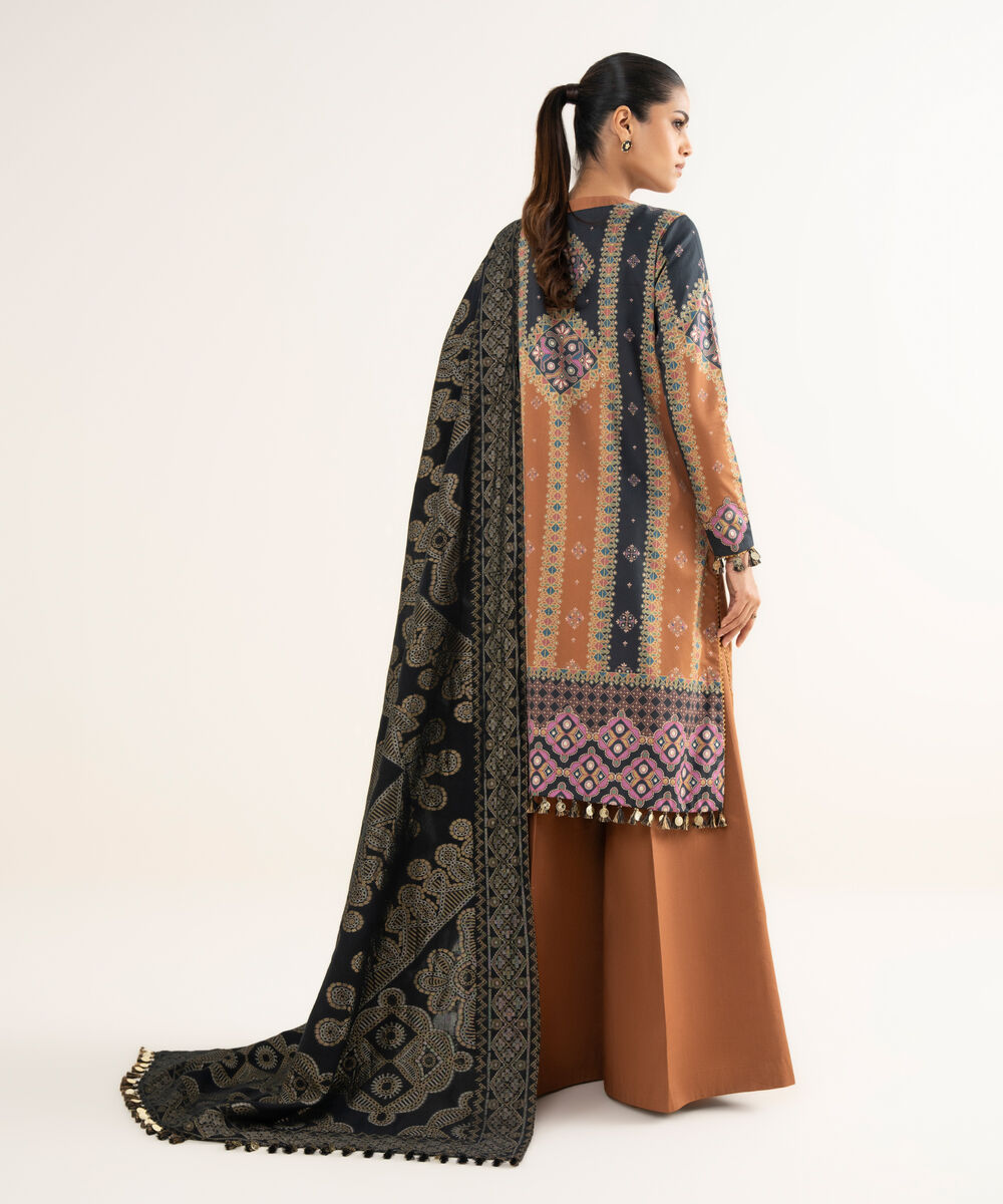 Women's Unstitched Fine Cotton Satin Embroidered Brown  3 Piece Suit