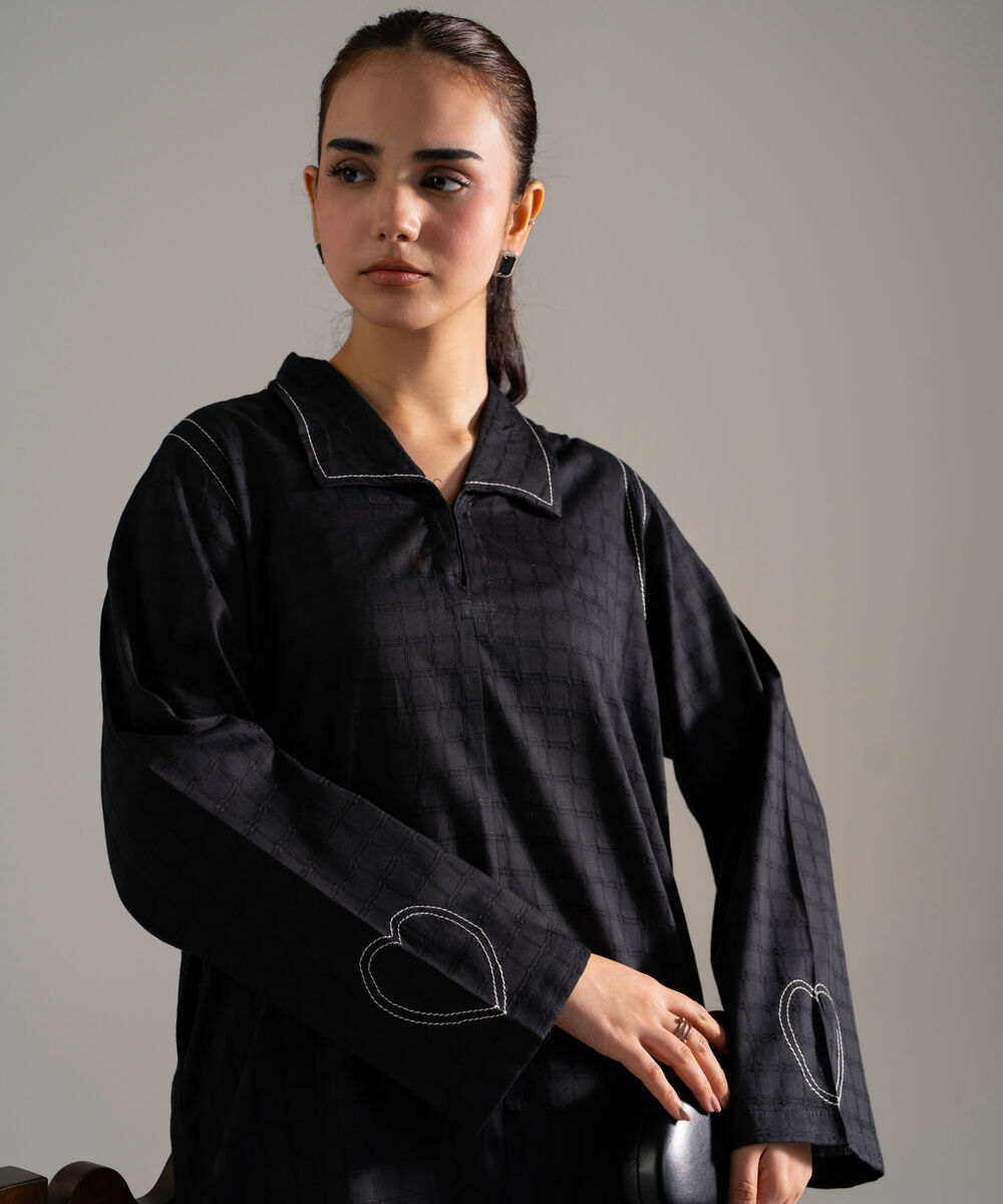 Women's RTW Dobby Printed Black Straight Shirt