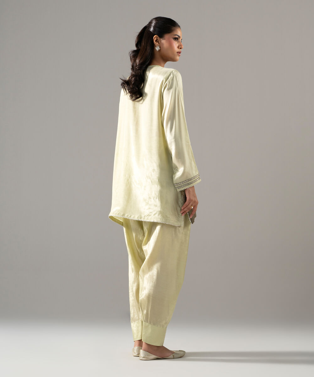 Women's RTW Thai Silk Solid Embroidered Green 2 Piece Suit