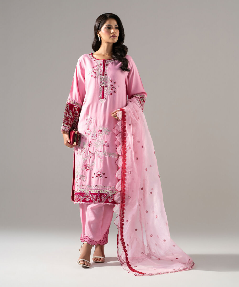 Women's RTW Raw Silk Solid Embroidered Pink 3 Piece Suit