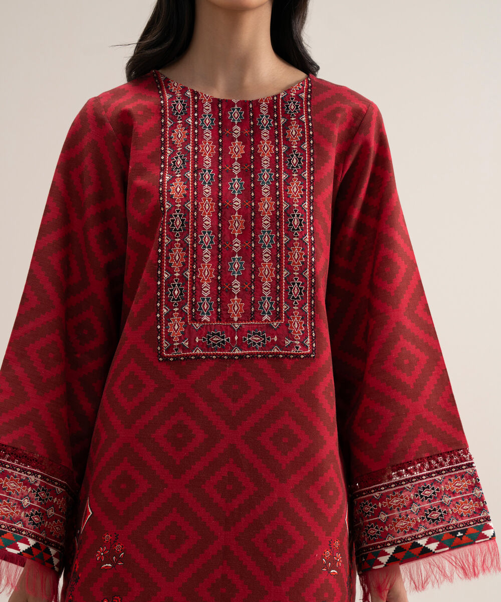 Women's Unstitched Cotton Printed Maroon 3 Piece Suit